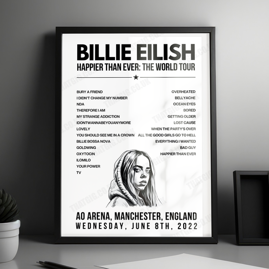 Billie Eilish Setlist Poster - AO Arena, Manchester, England - June 8th, 2022