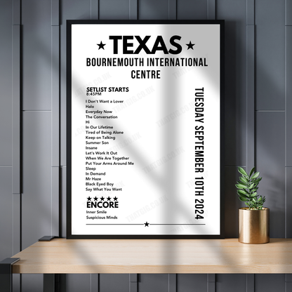 Texas Setlist Poster, Bournemouth International Centre - September 10th, 2024