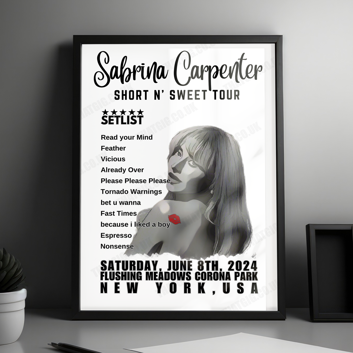 Sabrina Carpenter Setlist Poster - Flushing Meadows Corona Park, Queens - June 8th, 2024