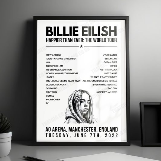 Billie Eilish Setlist Poster - AO Arena, Manchester, England - June 7th, 2022