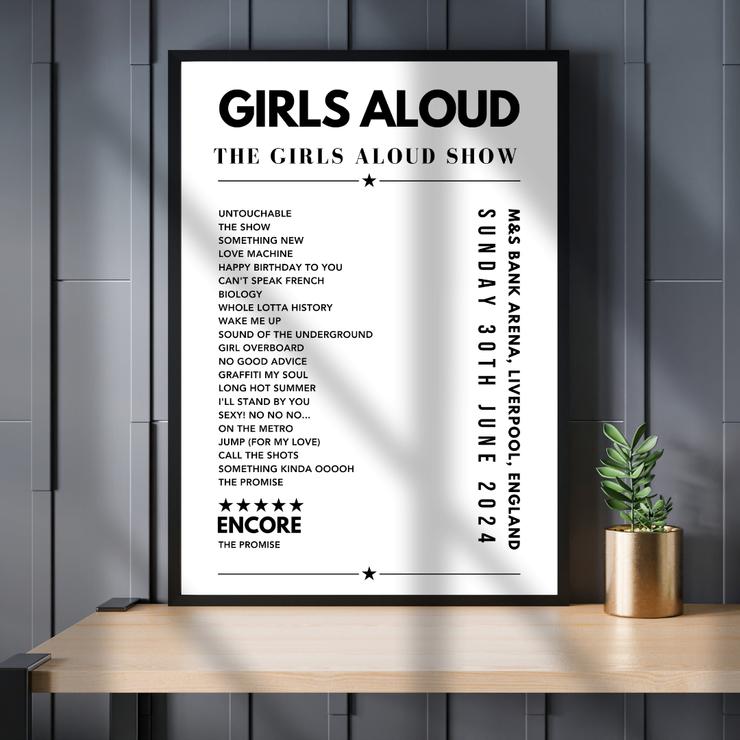 Girls Aloud Setlist Poster - M&S Bank Arena, Liverpool, England, June 30th 2024