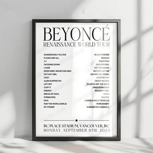 Beyoncé Setlist Poster - BC Place Stadium, Vancouver - September 11th, 2023