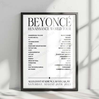 Beyoncé Setlist Poster - Allegiant Stadium, Las Vegas - August 26th, 2023