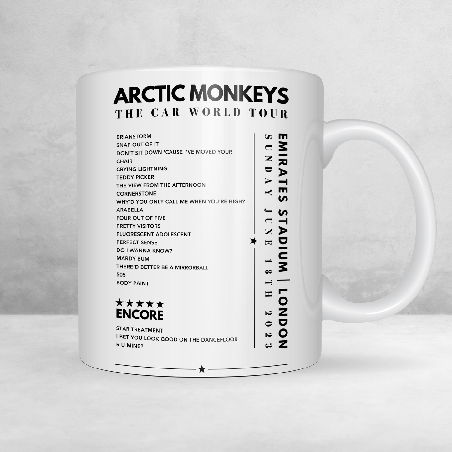 Arctic Monkeys Setlist Mug - at Emirates Stadium, London on June 18th, 2023