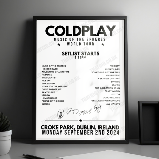 Coldplay Setlist Poster - Croke Park, Dublin on September 2nd 2024