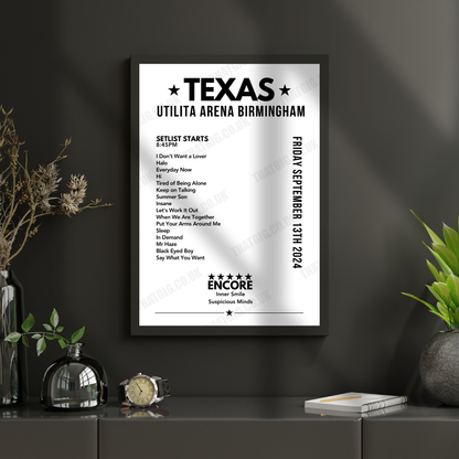 Texas Setlist Poster, Utilita Arena Birmingham - September 13th, 2024