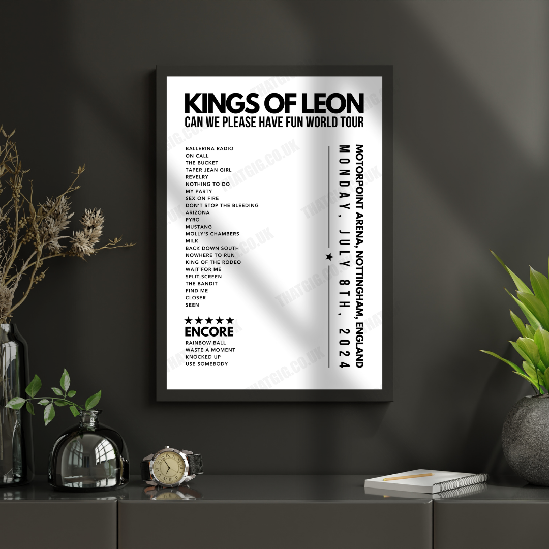 Kings of Leon Setlist Poster, Motorpoint Arena, Nottingham - July 8th, 2024