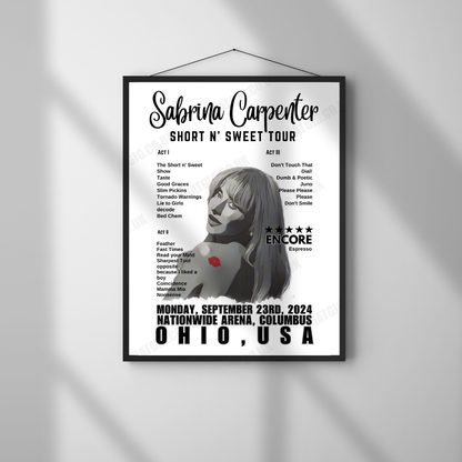 Sabrina Carpenter Setlist Poster - Nationwide Arena, Columbus - September 23rd, 2024