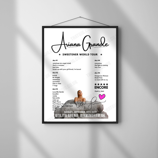 Ariana Grande Setlist Poster - Arena Birmingham - September 15th, 2019