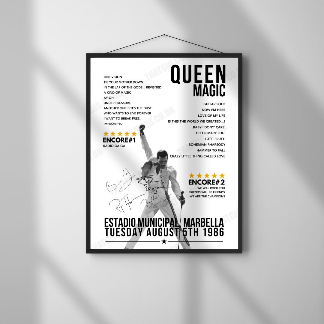 Queen Setlist Poster - Estadio Municipal, Marbella - August 5th, 1986