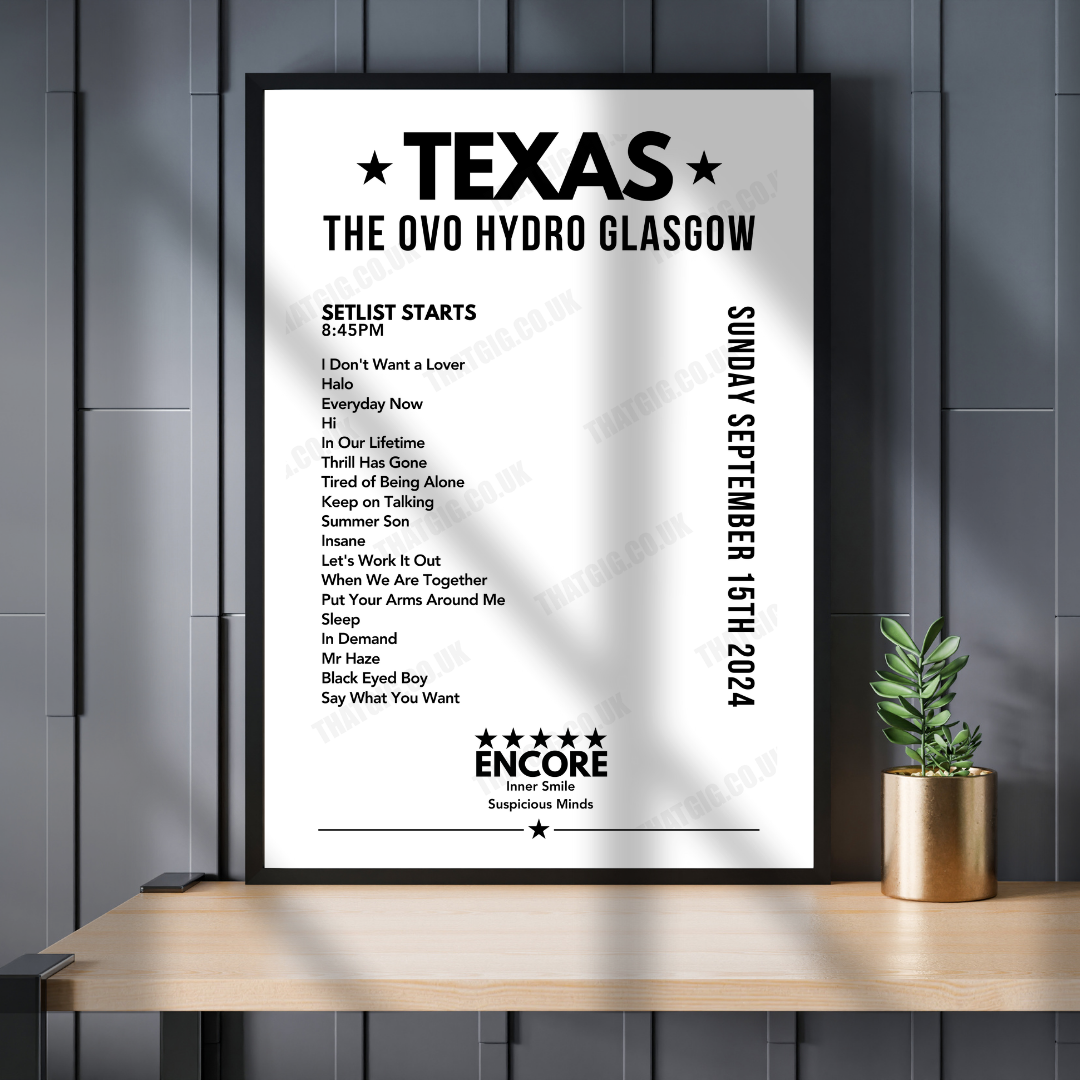 Texas Setlist Poster - The OVO Hydro, Glasgow - September 15th, 2024