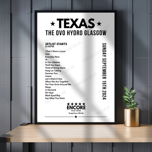 Texas Setlist Poster - The OVO Hydro, Glasgow - September 15th, 2024