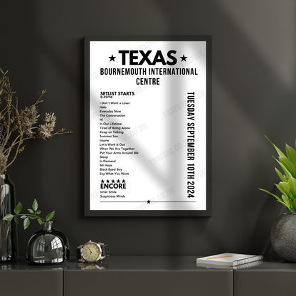 Texas Setlist Poster, Bournemouth International Centre - September 10th, 2024