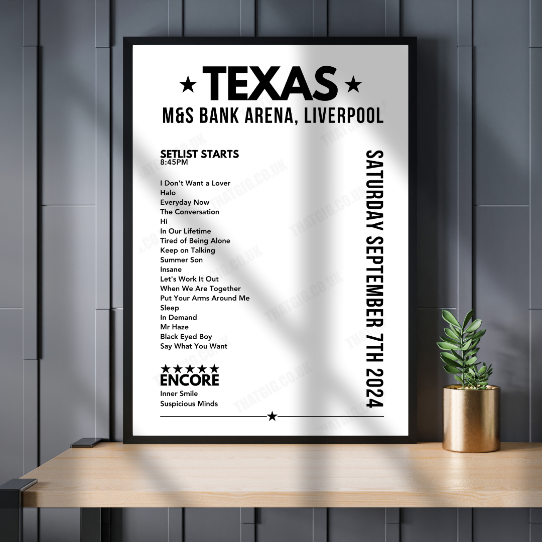 Texas Setlist Poster - M&S Bank Arena, Liverpool - September 7th, 2024