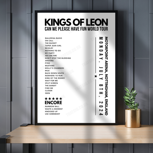 Kings of Leon Setlist Poster, Motorpoint Arena, Nottingham - July 8th, 2024