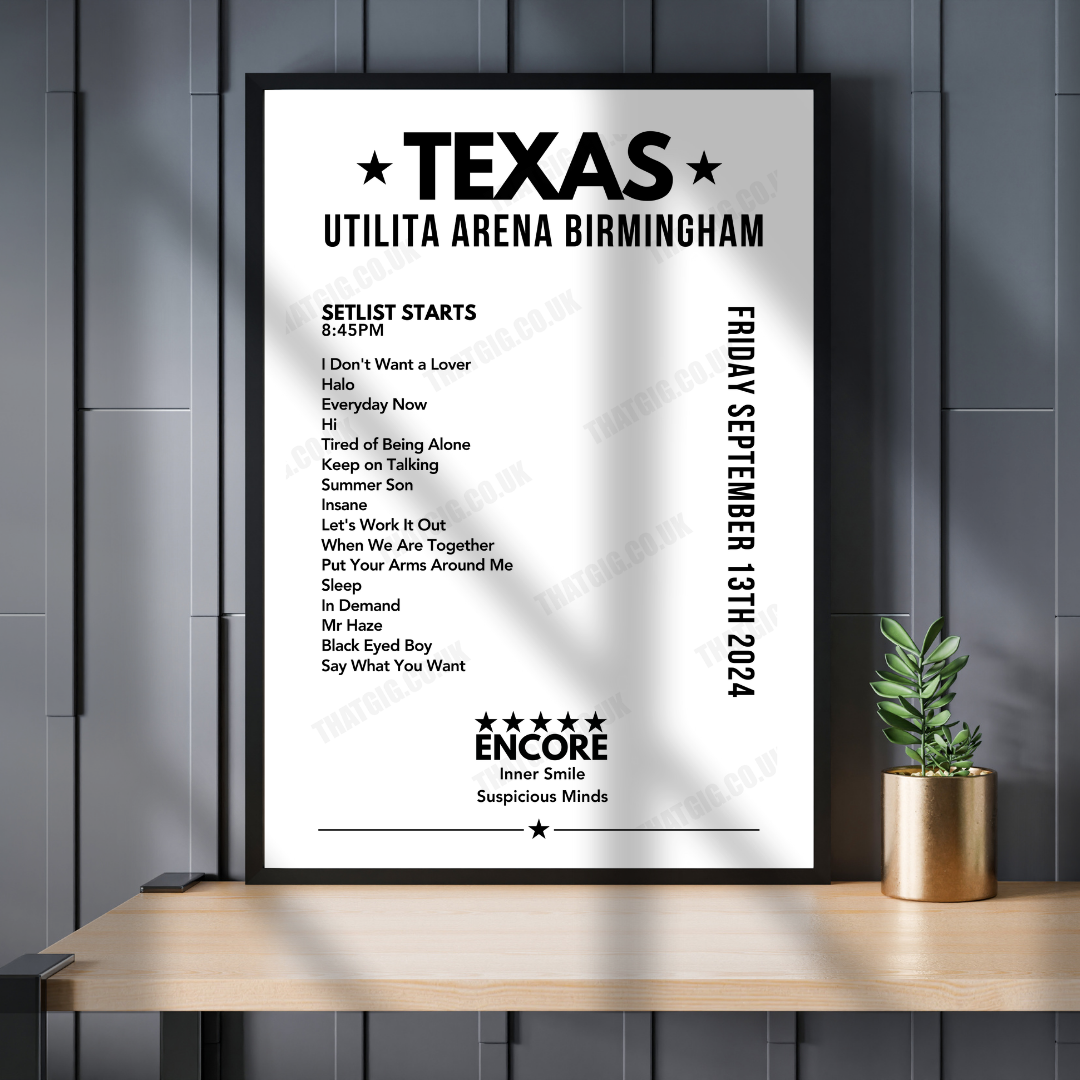 Texas Setlist Poster, Utilita Arena Birmingham - September 13th, 2024