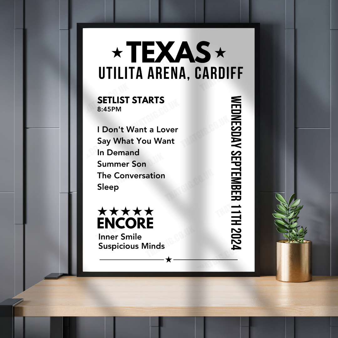 Texas Setlist Poster, Utilita Arena Cardiff, Wales - September 11th, 2024