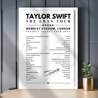 Taylor Swift Setlist Poster - Wembley, London, on August 20th, 2024