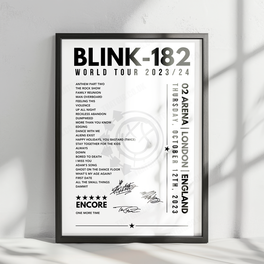 Blink-182 Setlist Poster - The O2 Arena, London - October 12, 2023