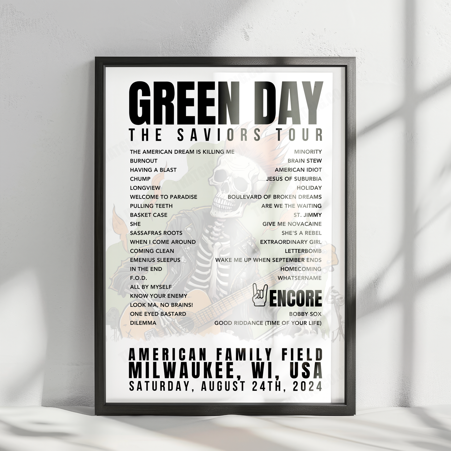 Green Day Setlist Poster - American Family Field, Milwaukee, WI - August 24th, 2024