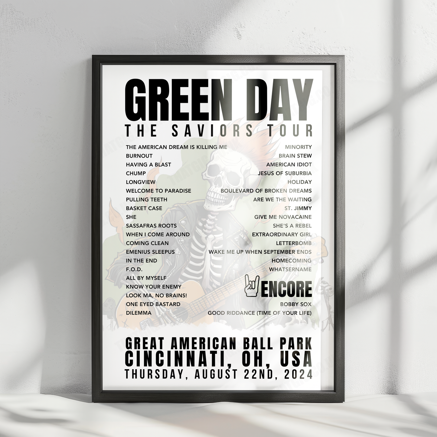 Green Day Setlist Poster - Great American Ball Park, Cincinnati, OH - August 22nd, 2024