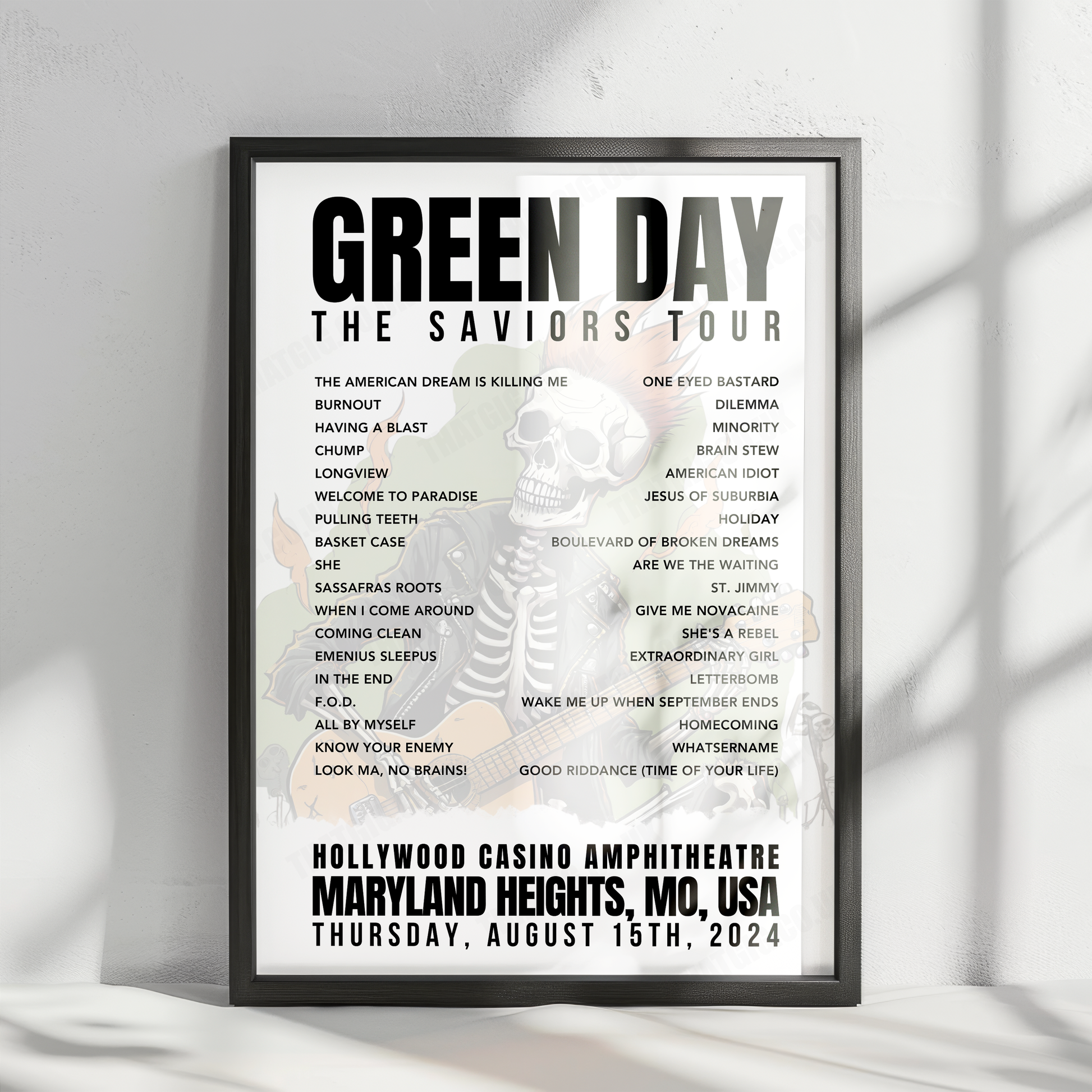 Green Day Setlist Poster - Hollywood Casino Amphitheatre, Maryland Heights, MO - August 15th, 2024