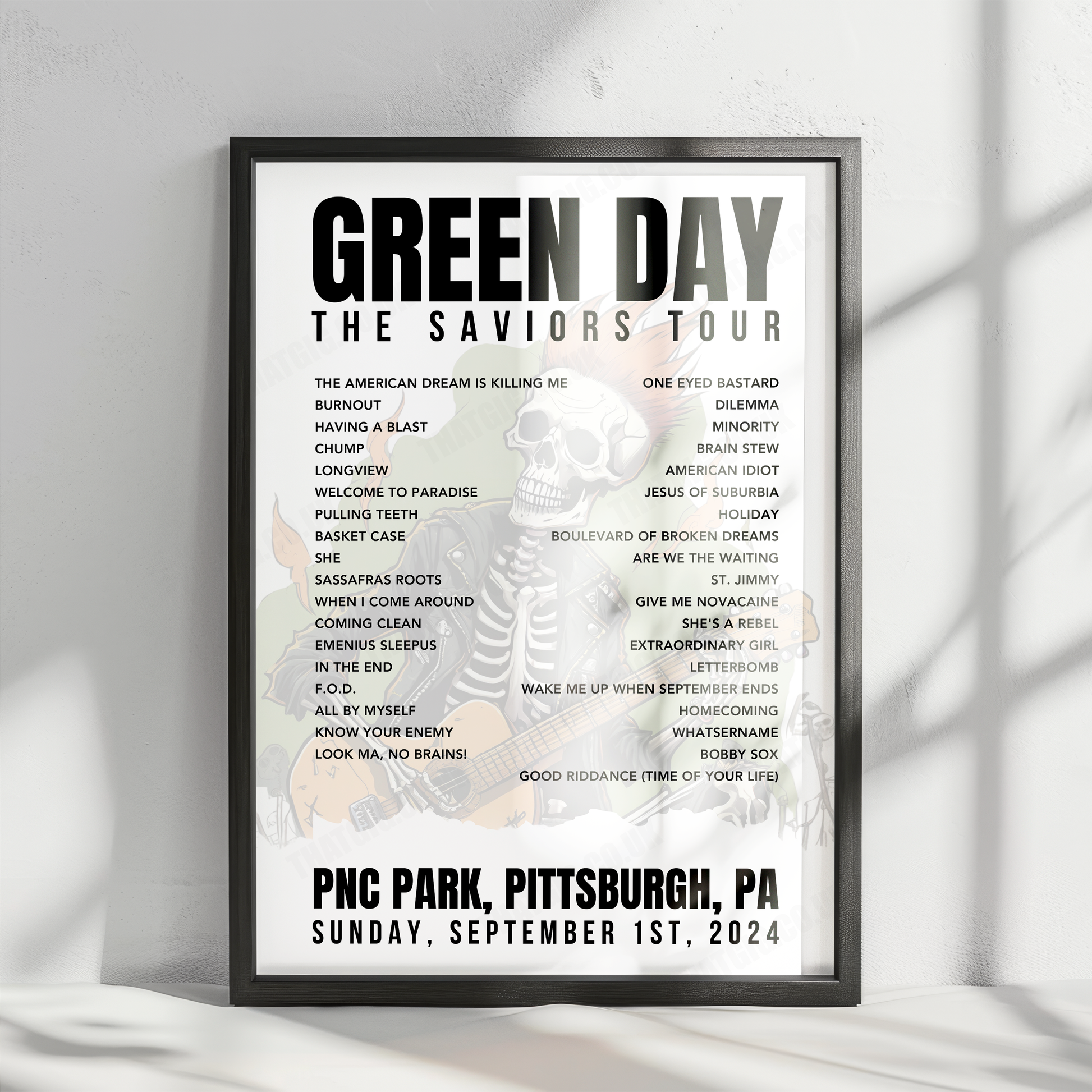 Green Day Setlist Poster - PNC Park, Pittsburgh, PA - September 1st, 2024