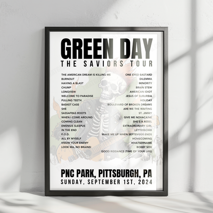 Green Day Setlist Poster - PNC Park, Pittsburgh, PA - September 1st, 2024