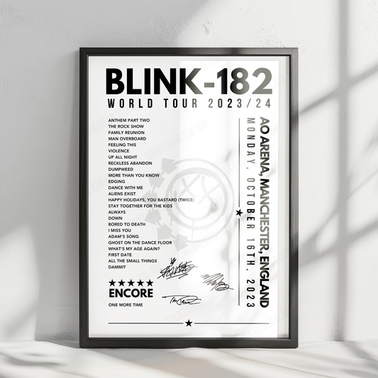 Blink-182 Setlist Poster - AO Arena, Manchester, England - Oct 16th 2023