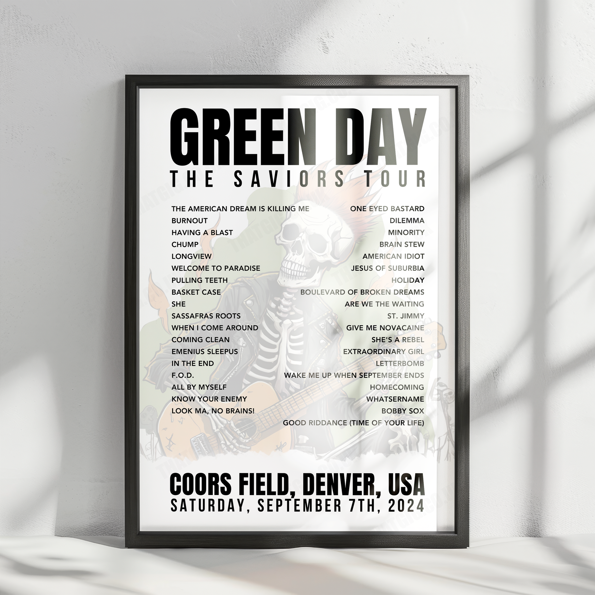 Green Day Setlist Poster - Coors Field, Denver - September 7th, 2024