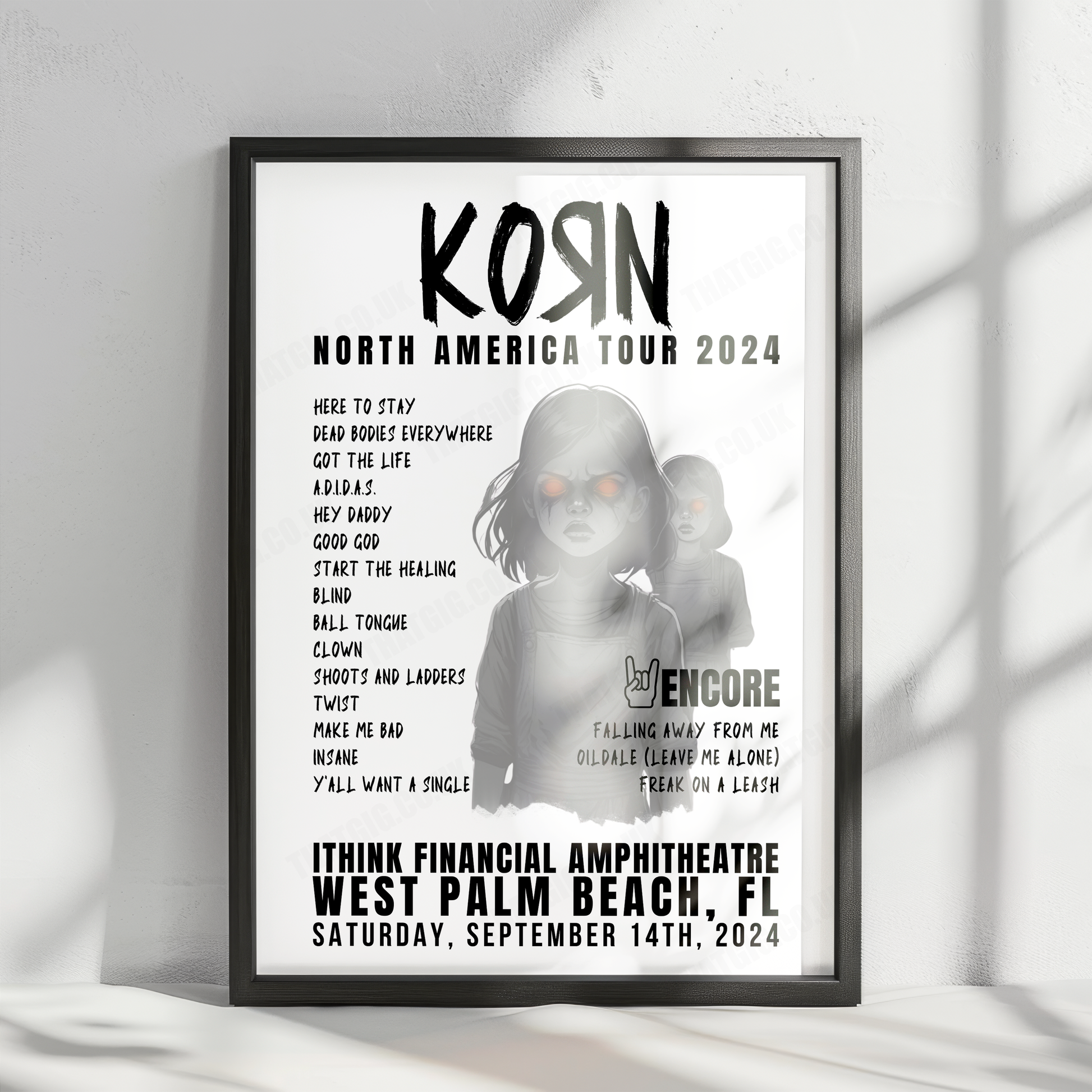 Korn Setlist Poster - iTHINK Financial Amphitheatre, West Palm Beach, September 14th, 2024