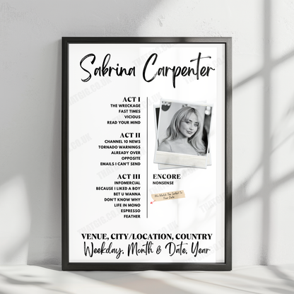 Sabrina Carpenter Setlist Poster - Climate Pledge Arena, Seattle, WA, USA - November 6th, 2024