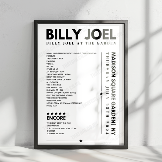 Billy Joel Setlist Poster - Madison Square Garden, New York on July 25, 2024