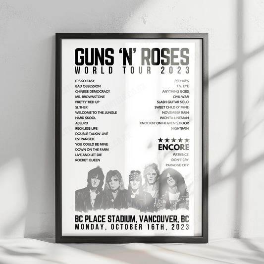 Guns N’ Roses Setlist Poster - BC Place Stadium, Vancouver - October 16th, 2023