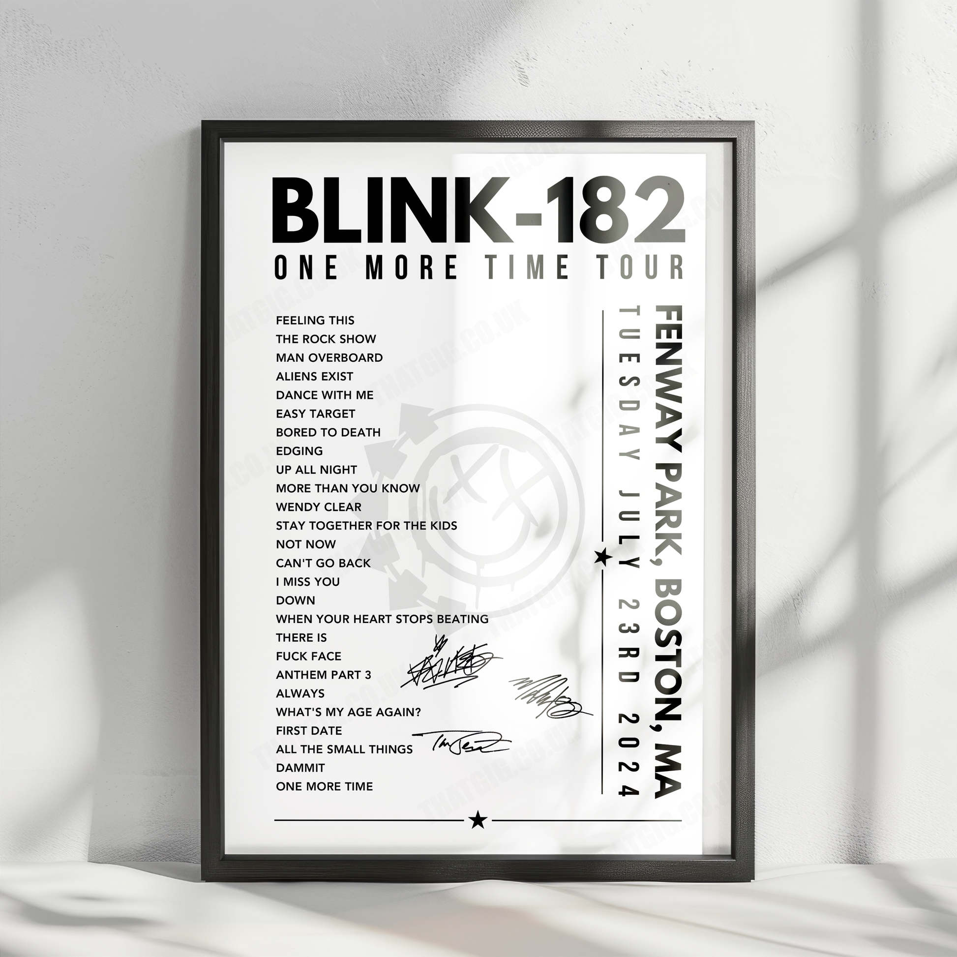 Blink-182 Setlist Poster - Fenway Park, Boston, MA - July 23, 2024