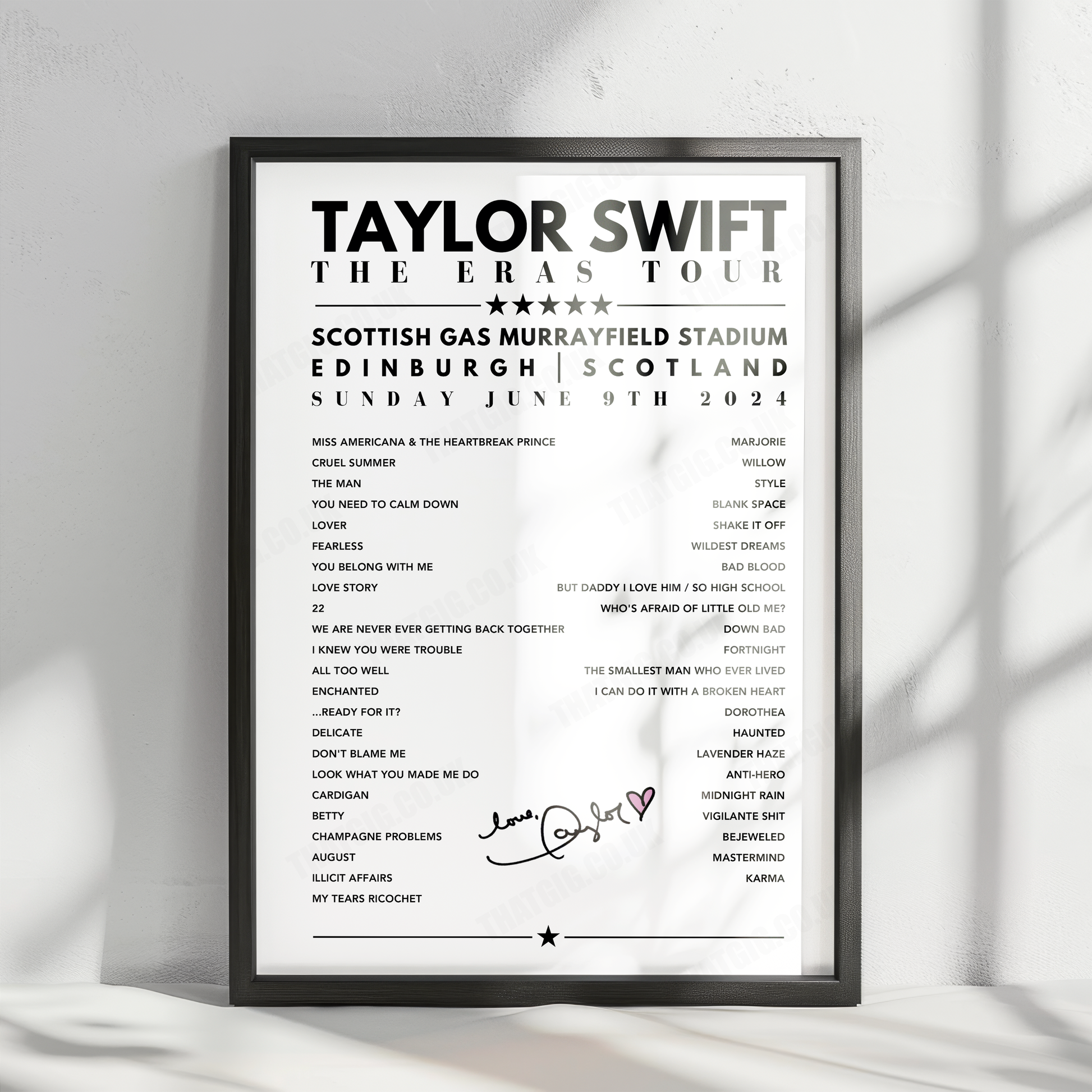 Taylor Swift Setlist Poster - Scottish Gas Murrayfield Stadium, Edinburgh - June 9th, 2024