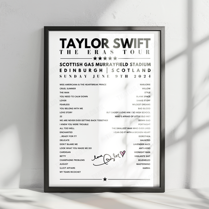 Taylor Swift Setlist Poster - Scottish Gas Murrayfield Stadium, Edinburgh - June 9th, 2024