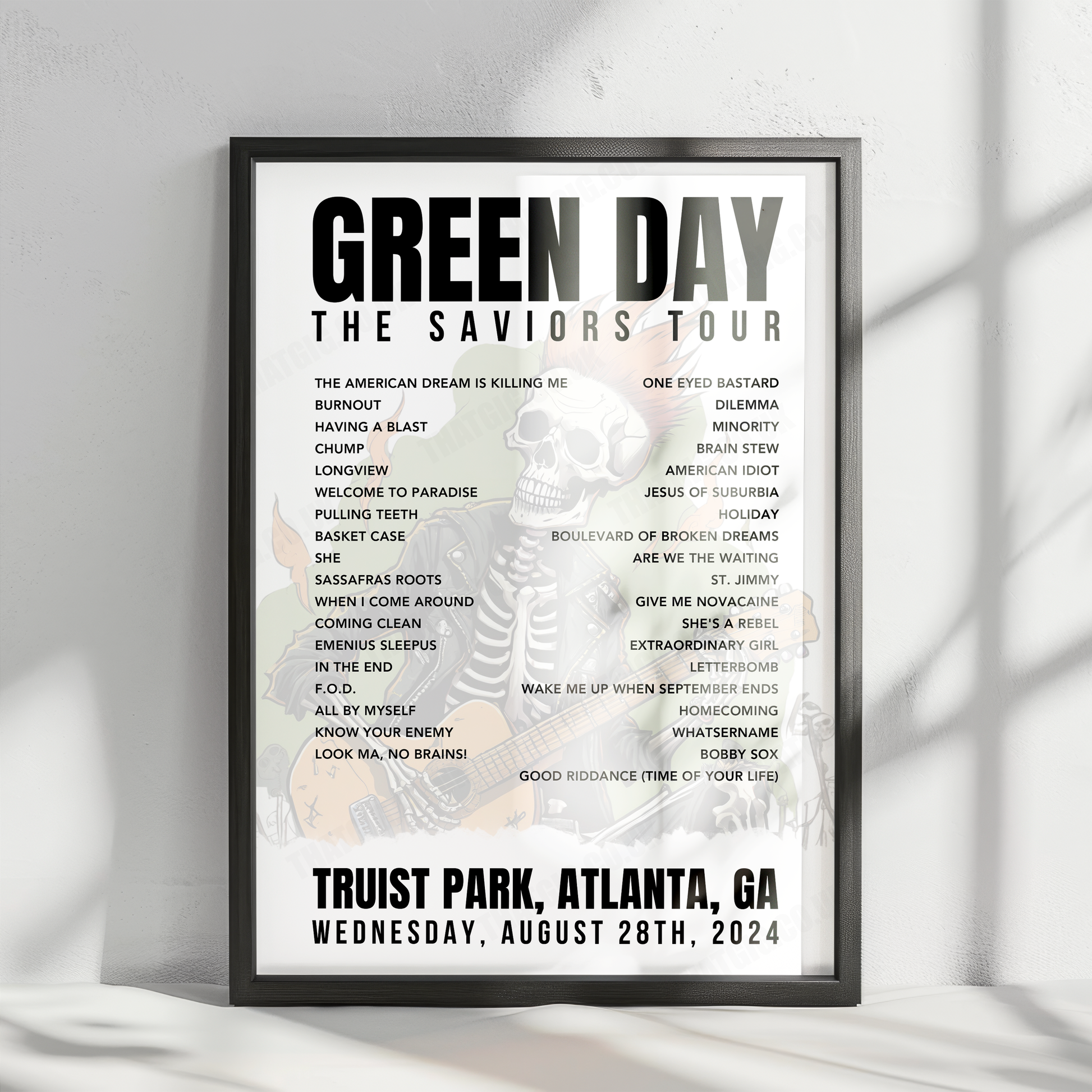 Green Day Setlist Poster - Truist Park, Atlanta, GA - August 28th, 2024