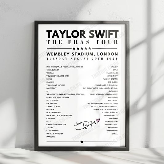 Taylor Swift Setlist Poster - Wembley, London - August 20th, 2024