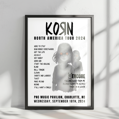 Korn Setlist Poster, PNC Music Pavilion, Charlotte - September 18th, 2024