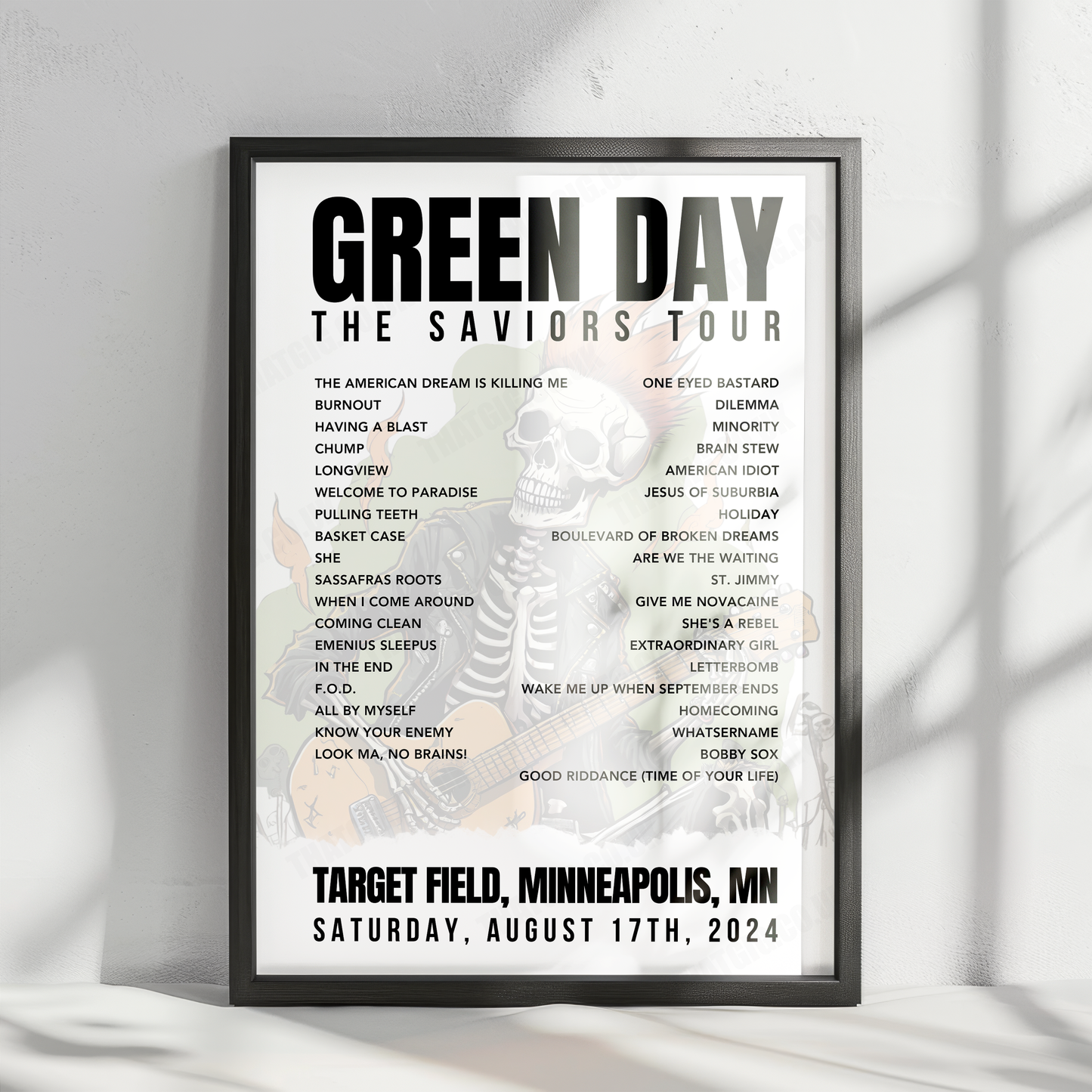 Green Day Setlist Poster - Target Field, Minneapolis, MN - August 17th, 2024