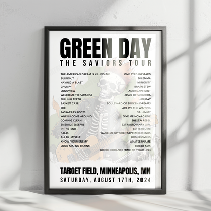 Green Day Setlist Poster - Target Field, Minneapolis, MN - August 17th, 2024