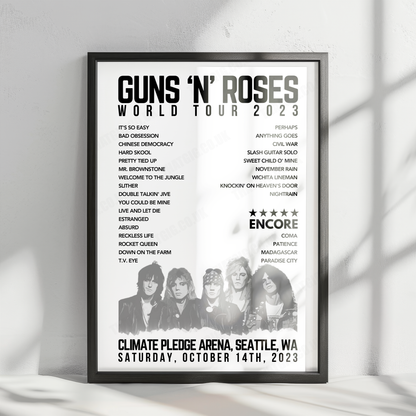 Guns N’ Roses Setlist Poster - Climate Pledge Arena, Seattle - October 14th, 2023