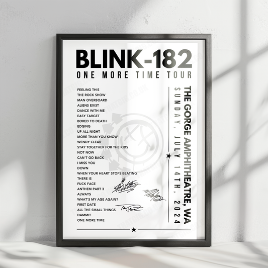 Blink-182 Setlist Poster - The Gorge Amphitheatre, George, WA - July 14, 2024