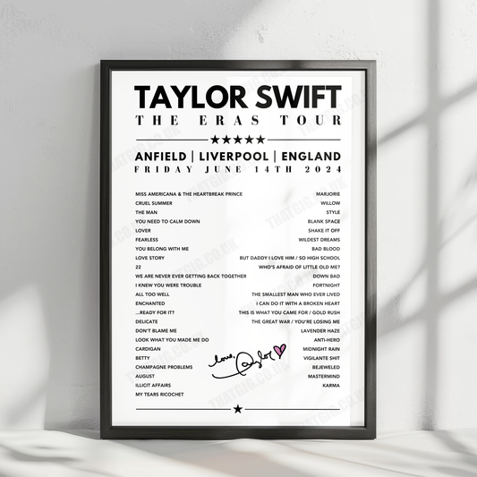 Taylor Swift Setlist Poster - Anfield, Liverpool, 14th June 2024