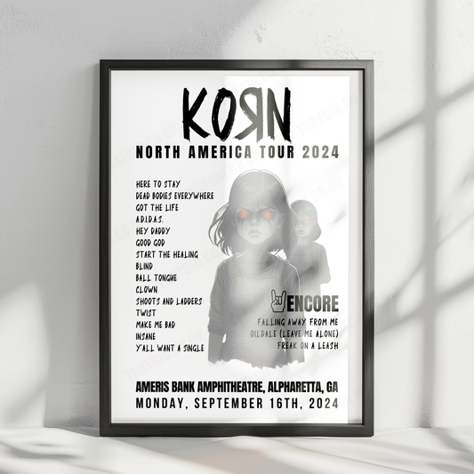 Korn Setlist Poster - Ameris Bank Amphitheatre, Alpharetta, September 16th, 2024