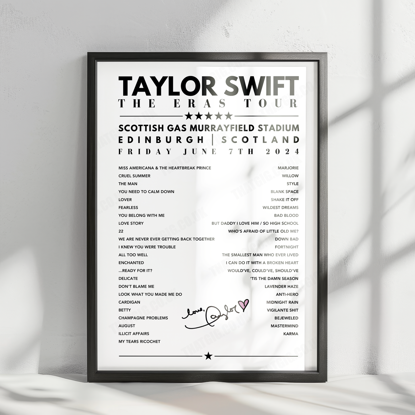 Taylor Swift Setlist Poster - Scottish Gas Murrayfield Stadium, Edinburgh - June 7th, 2024