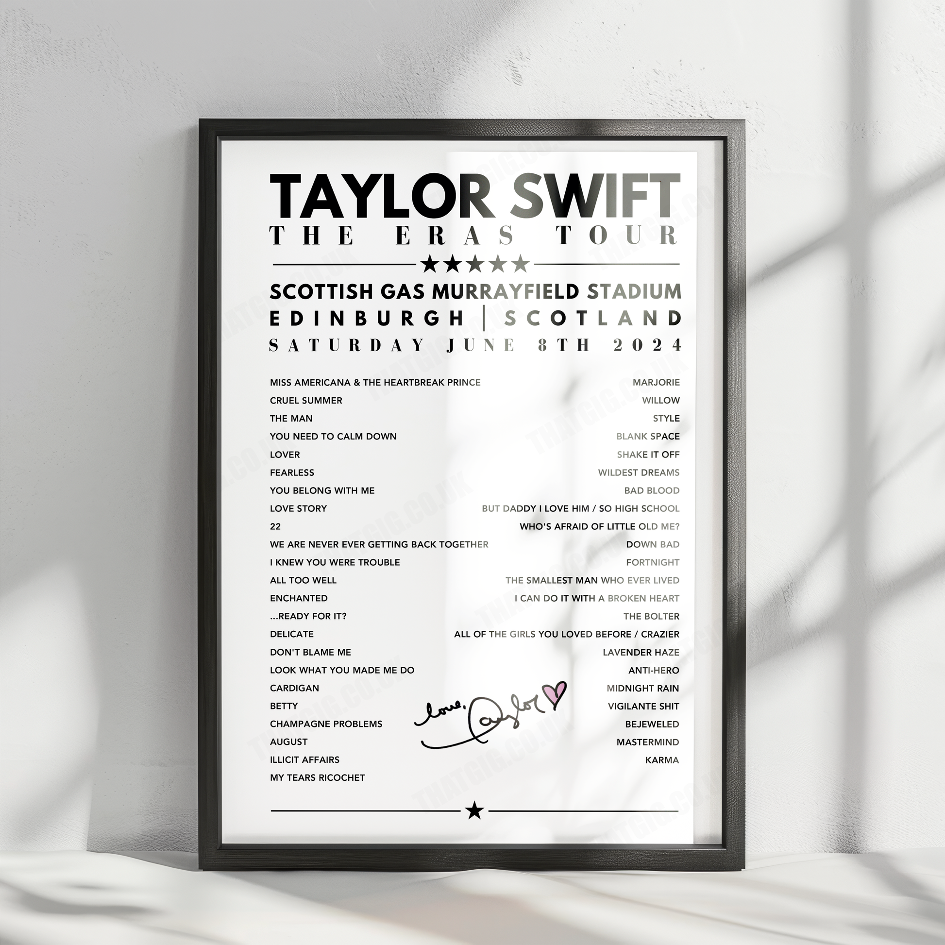 Taylor Swift Setlist Poster - Scottish Gas Murrayfield Stadium, Edinburgh - June 8th, 2024