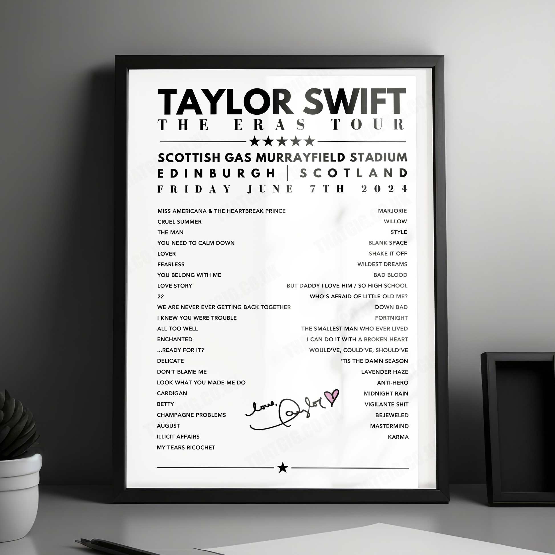 Taylor Swift Setlist Poster - Scottish Gas Murrayfield Stadium, Edinburgh - June 7th, 2024