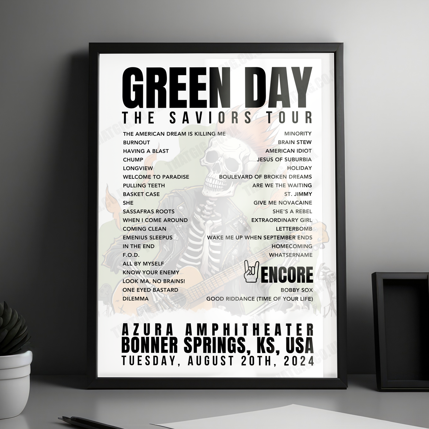 Green Day Setlist Poster - Azura Amphitheater, Bonner Springs, KS - August 20th, 2024